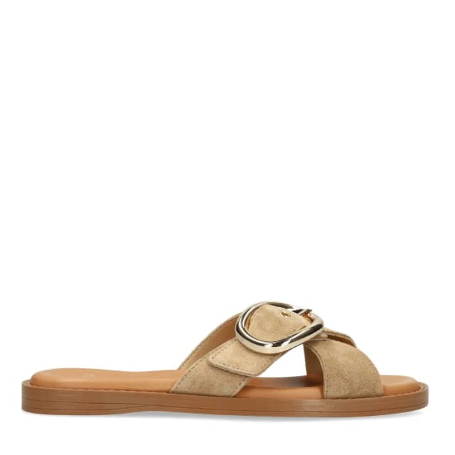 Manfield Beige Suède Slippers Met Gouden Gesp