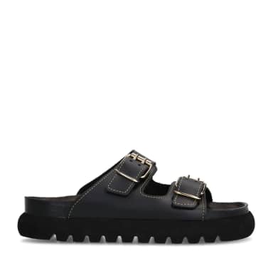 Zwarte leren slippers met goudkleurige buckles
