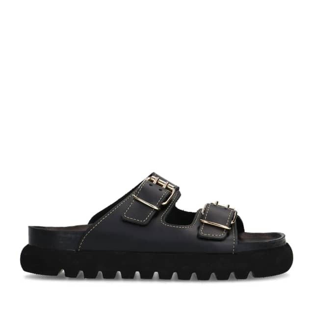 Sacha Zwarte leren slippers met goudkleurige buckles