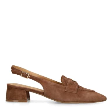 Manfield Bruine Suède Slingbacks Met Blokhak Van 5 Cm Met Gespsluiting