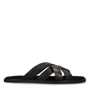 Manfield Zwarte Leren Gevlochten Slippers