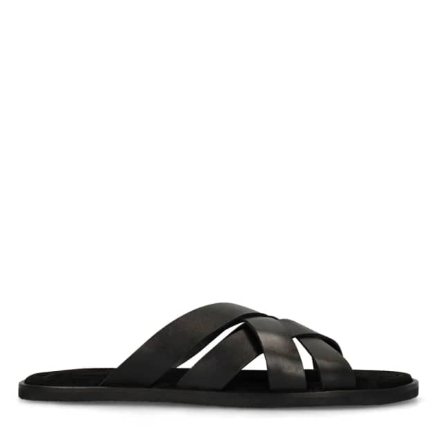 Manfield Zwarte Leren Gevlochten Slippers