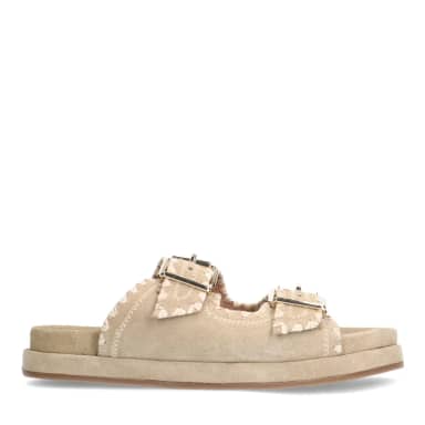 Manfield Beige Suède Slippers Met Witte Details Met Gespsluiting