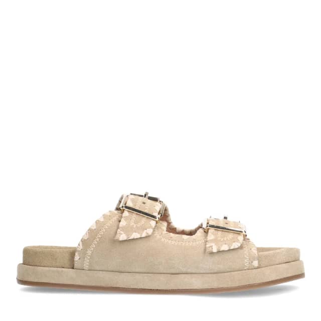 Manfield Beige Suède Slippers Met Witte Details Met Gespsluiting