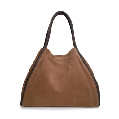 Manfield Manfield Taupe Suède Handtas Met Bruine Handvaten Met Drukknoop