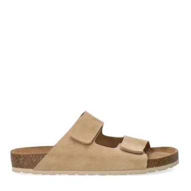 Manfield Beige Suède Slippers Met Klittenband Sluiting