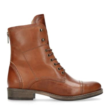 Manfield Cognac Leren Veterlaarzen Met Bont Voering
