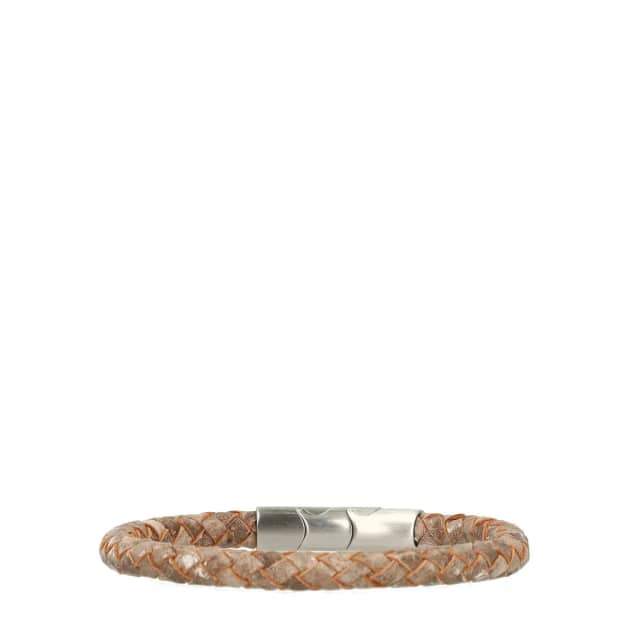 Manfield Zandkleurige leren gevlochten heren armband