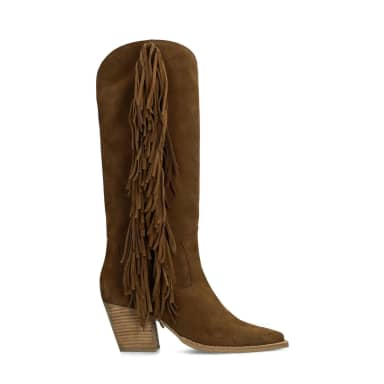 Manfield Bruine Suède Hoge Cowboy Laarzen Met Franjes Met Blokhak Van 8 Cm