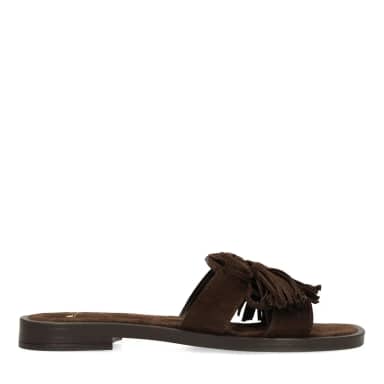 Manfield Donkerbruine Suède Slippers Met Franjes Met Veters
