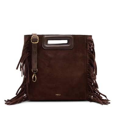 Manfield Manfield Donkerbruine Suède Handtas Met Franjes