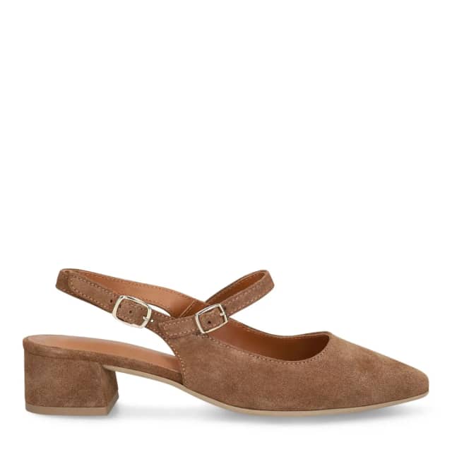 No Stress Bruine Leren Slingbacks Met Blokhak Van 4 Cm Met Gespsluiting