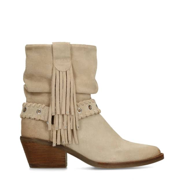 Manfield Beige Suède Enkellaarsjes Met Franjes Met Blokhak Van 6 Cm Met Ritssluiting