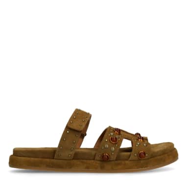 Manfield Bruine Suède Slippers Met Bandje Met Plateau Zool Met Klittenband Sluiting