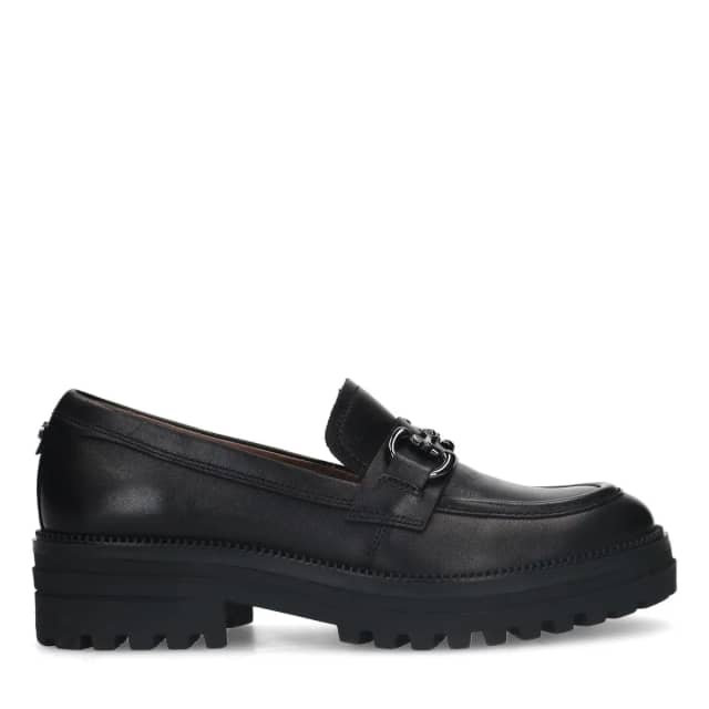 No Stress Zwarte Leren Loafers Met Zilverkleurig Detail