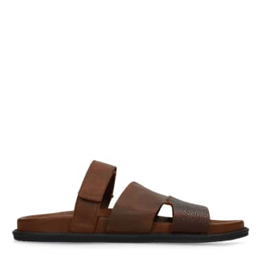 Manfield Cognac Leren Slippers Met Klittenband Sluiting