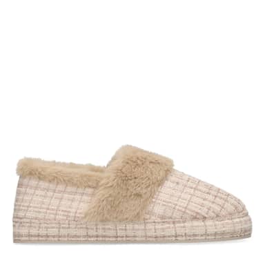 Manfield Manfield Beige Geruite Pantoffels Met Bont