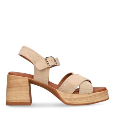 Manfield Beige Suède Sandalen Met Blokhak Met Gespsluiting