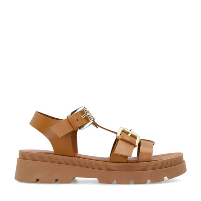 Sacha Cognac leren plateau sandalen met goudkleurige buckles