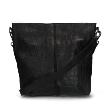 Manfield Manfield Zwarte Leren Shopper Met Crocoprint