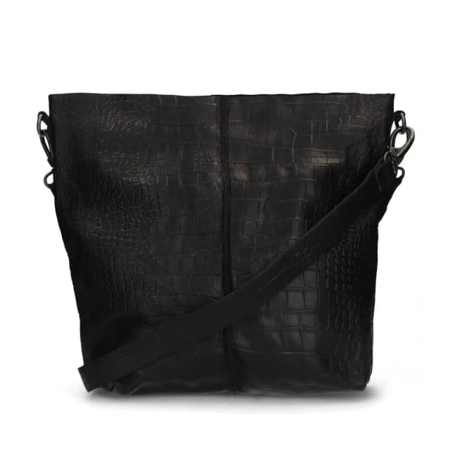 Manfield Zwarte Leren Shopper Met Crocoprint