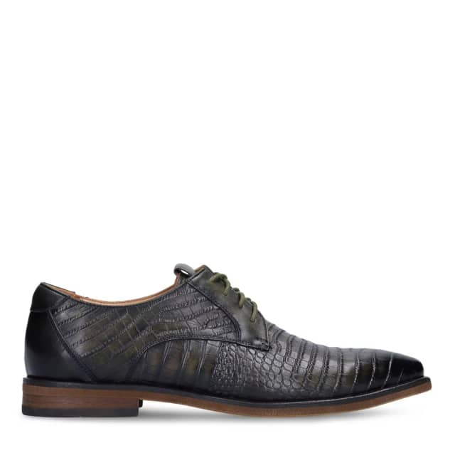 Manfield Donkergroene Leren Croco Veterschoenen