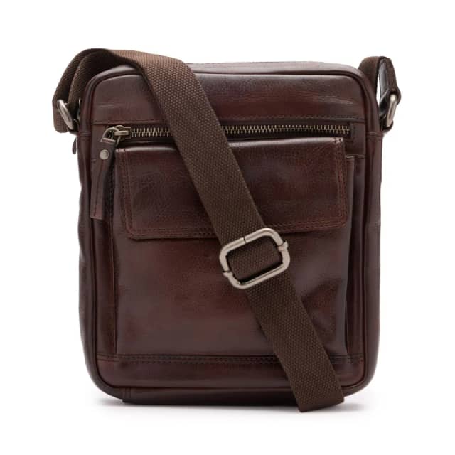 Manfield Bruine Leren Unisex Schoudertas Met Ritssluiting