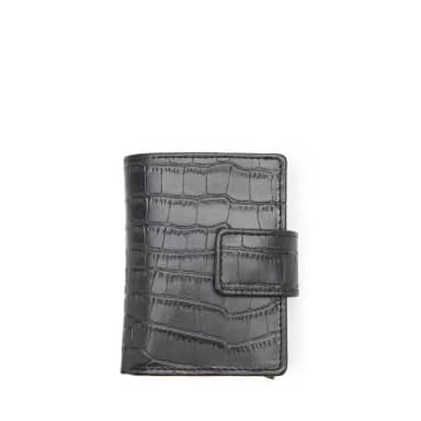 Manfield Zwarte Leren Croco Pasjeshouder Met Drukknoop
