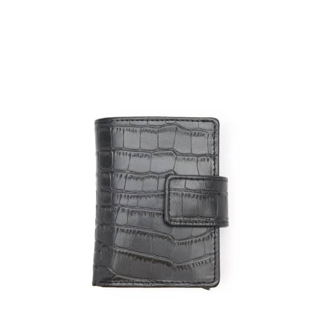 Manfield Zwarte Leren Croco Pasjeshouder Met Drukknoop