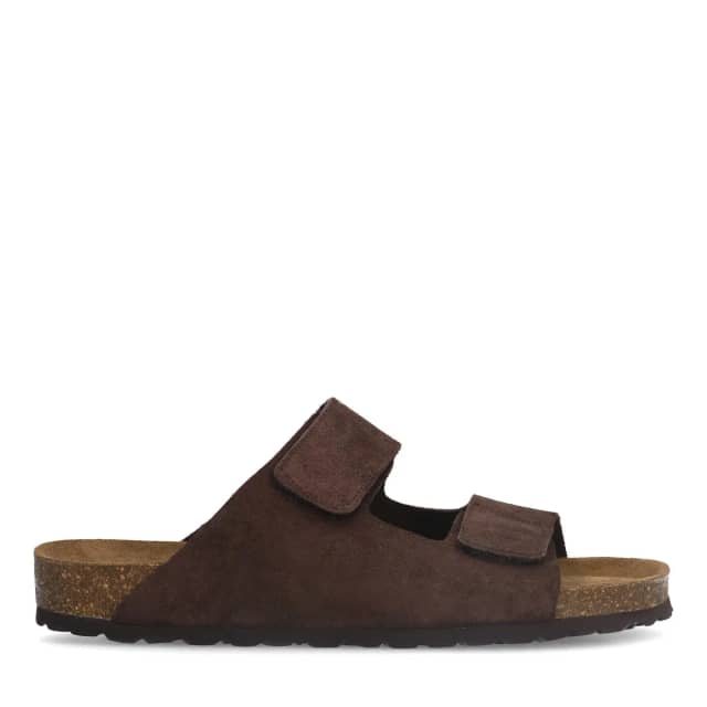 Manfield Bruine Suède Slippers Met Klittenband Sluiting