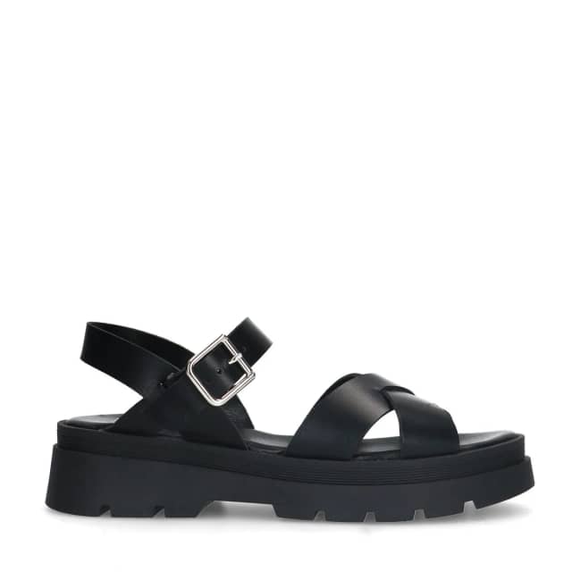 Manfield Zwarte Leren Sandalen Met Plateau Zool Van 3 Cm Met Gespsluiting