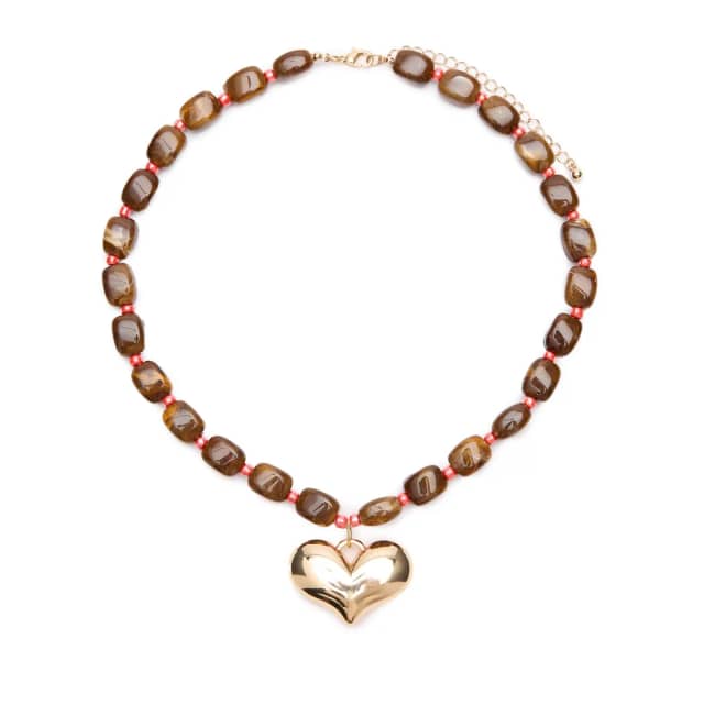 Manfield Bruine Kralenketting Met Gouden Hartje