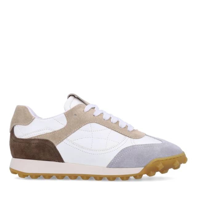 Manfield Witte Leren Sneakers Met Taupe Suède Details Met Veters