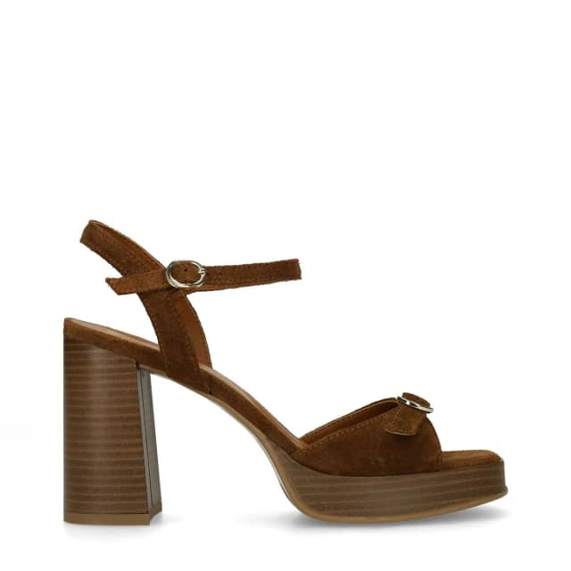 Manfield Bruine Suède Sandalen Met Hak Met Gespsluiting