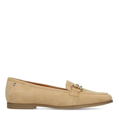 No Stress Beige Suède Loafers Met Gouden Chain