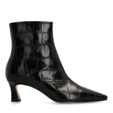 Manfield Zwarte Leren Croco Enkellaarsjes Met Hak Met Ritssluiting