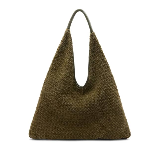 Manfield Khaki Gevlochten Suède Schoudertas Met Drukknoop