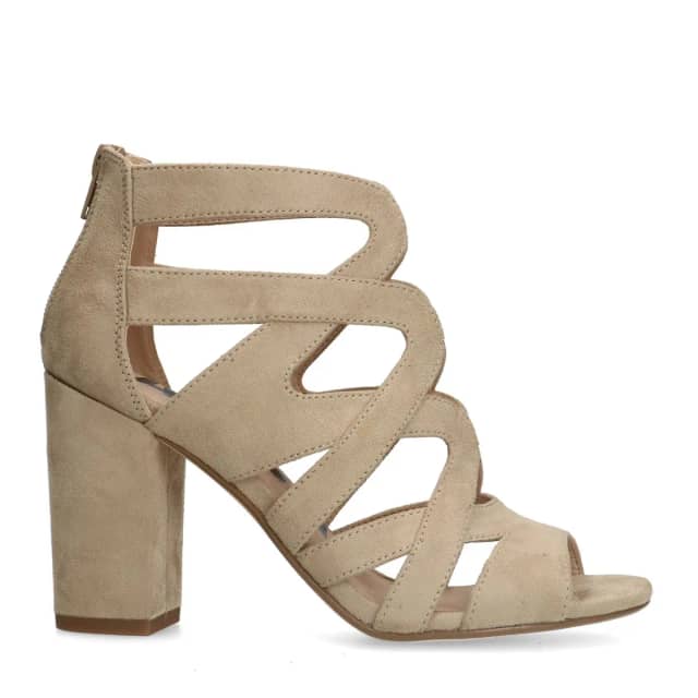 Sacha Beige suède opengewerkte sandalen met hak
