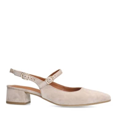 No Stress Beige Suède Slingbacks Met Blokhak Van 4 Cm Met Gespsluiting