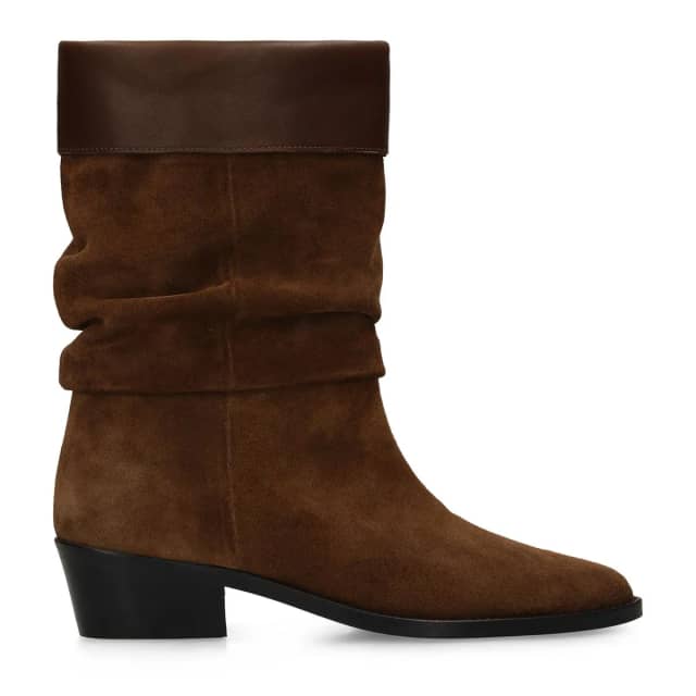 Manfield Bruine Suède Enkellaarsjes Met Bruine Leren Omslagflap Met Blokhak Van 4 Cm