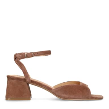 Manfield Bruine Suède Sandalen Met Hak Met Gespsluiting