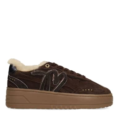 Manfield Donkerbruine Suède Sneakers Met Bontvoering Met Veters