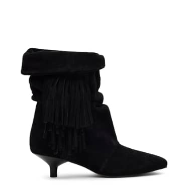 Zwarte suède slouchy enkellaarsjes met franjes