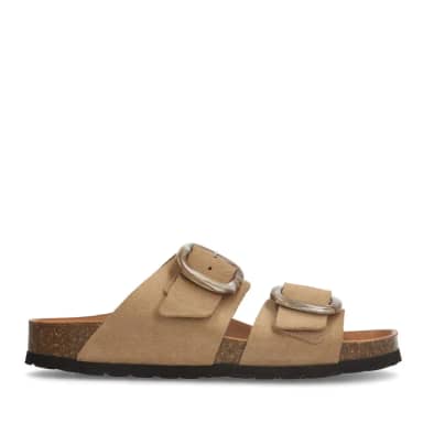 Manfield Beige Suède Slippers Met Gesp Met Plateau Zool