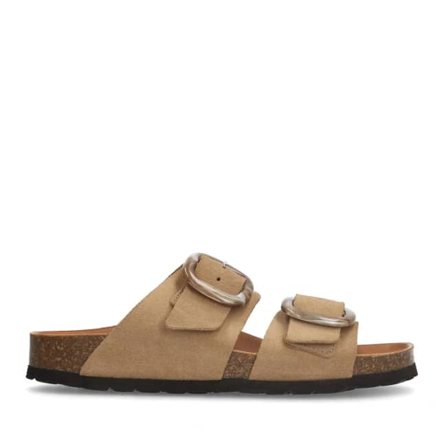 Manfield Beige Suède Slippers Met Gesp Met Plateau Zool