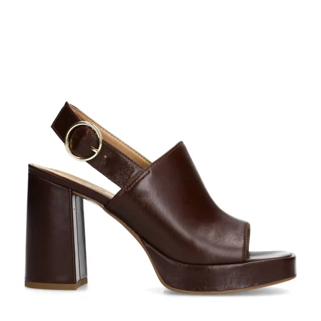 Sacha Donkerbruine leren sandalen met hak en gesp
