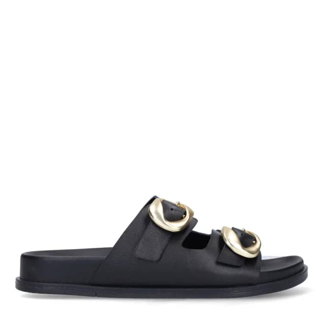 Manfield Zwarte Leren Sandalen Met Gesp Met Plateau Zool
