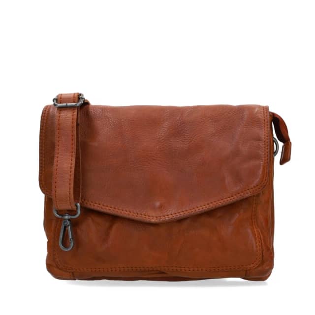 No Stress Cognac Leren Schoudertas Met Drukknoop
