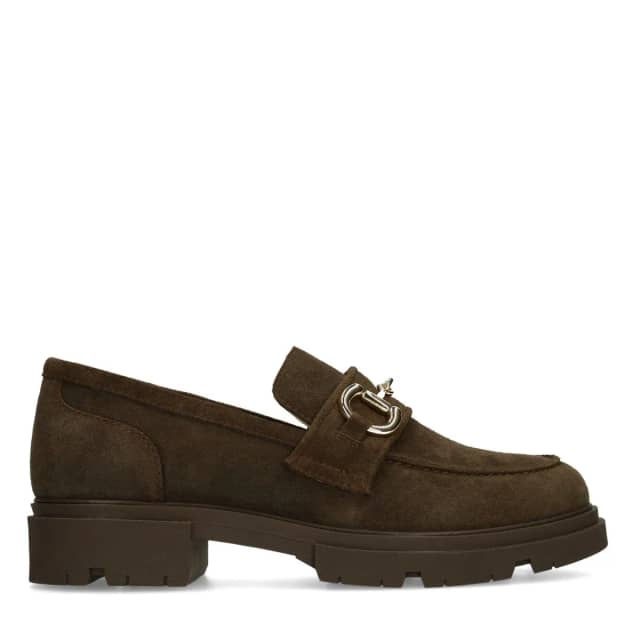 Manfield Bruine Suède Loafers Met Goudkleurig Detail Met Plateau Zool Van 4 Cm