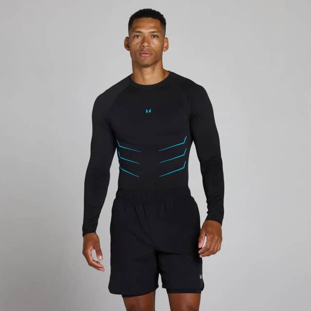 Myprotein Lift Muscle Fit Naadloze Longsleeve - Gewassen Zwart/Power Blue
